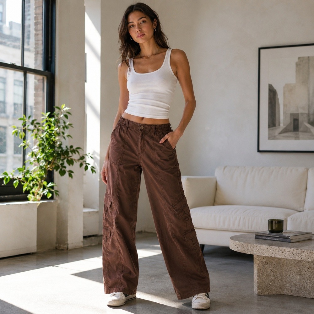 BDG Urban Outfitters Y2K Brown Wide Leg Cargo Pants Chocolate Low Rise Size L